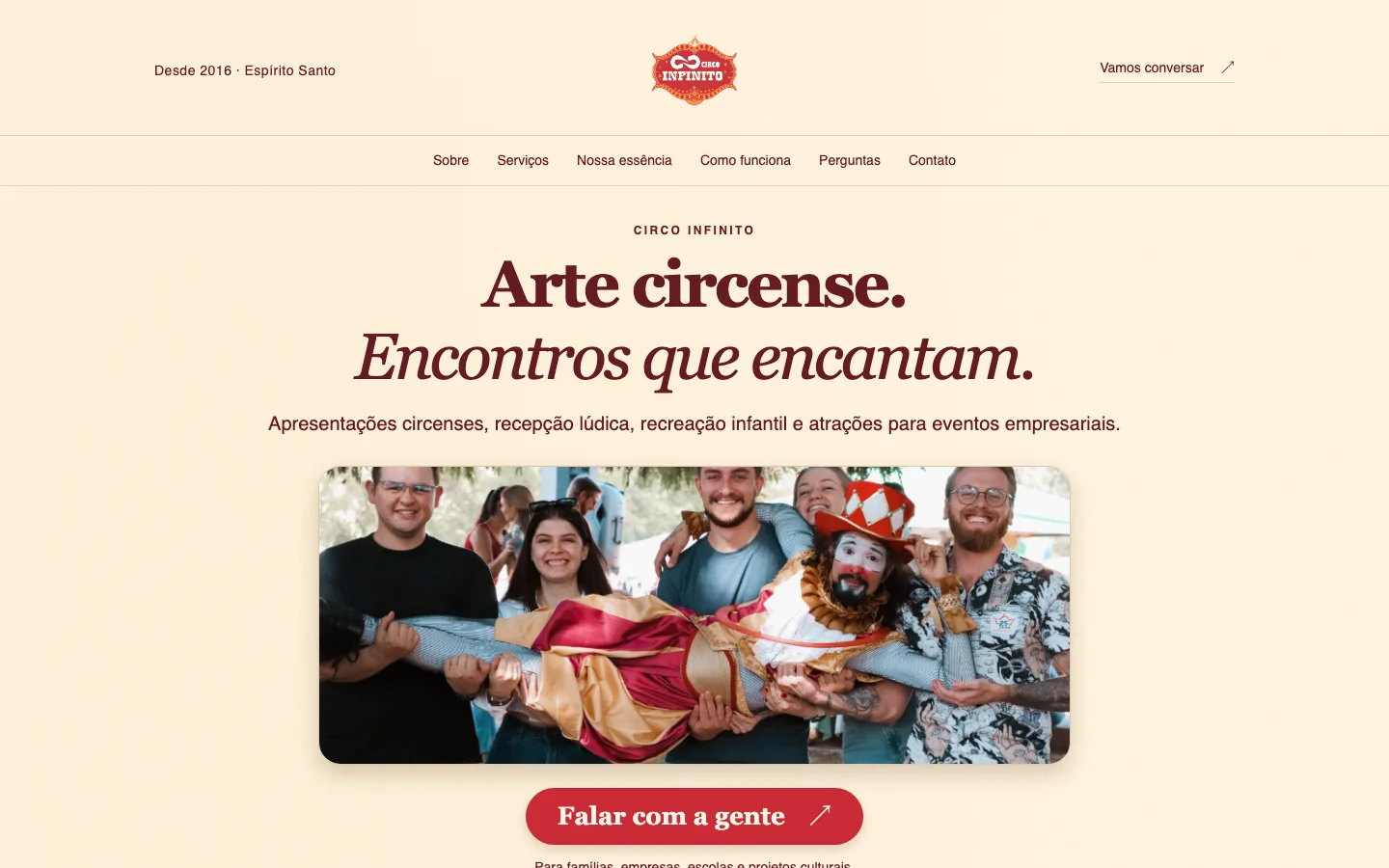 Página inicial do site Circo Infinito